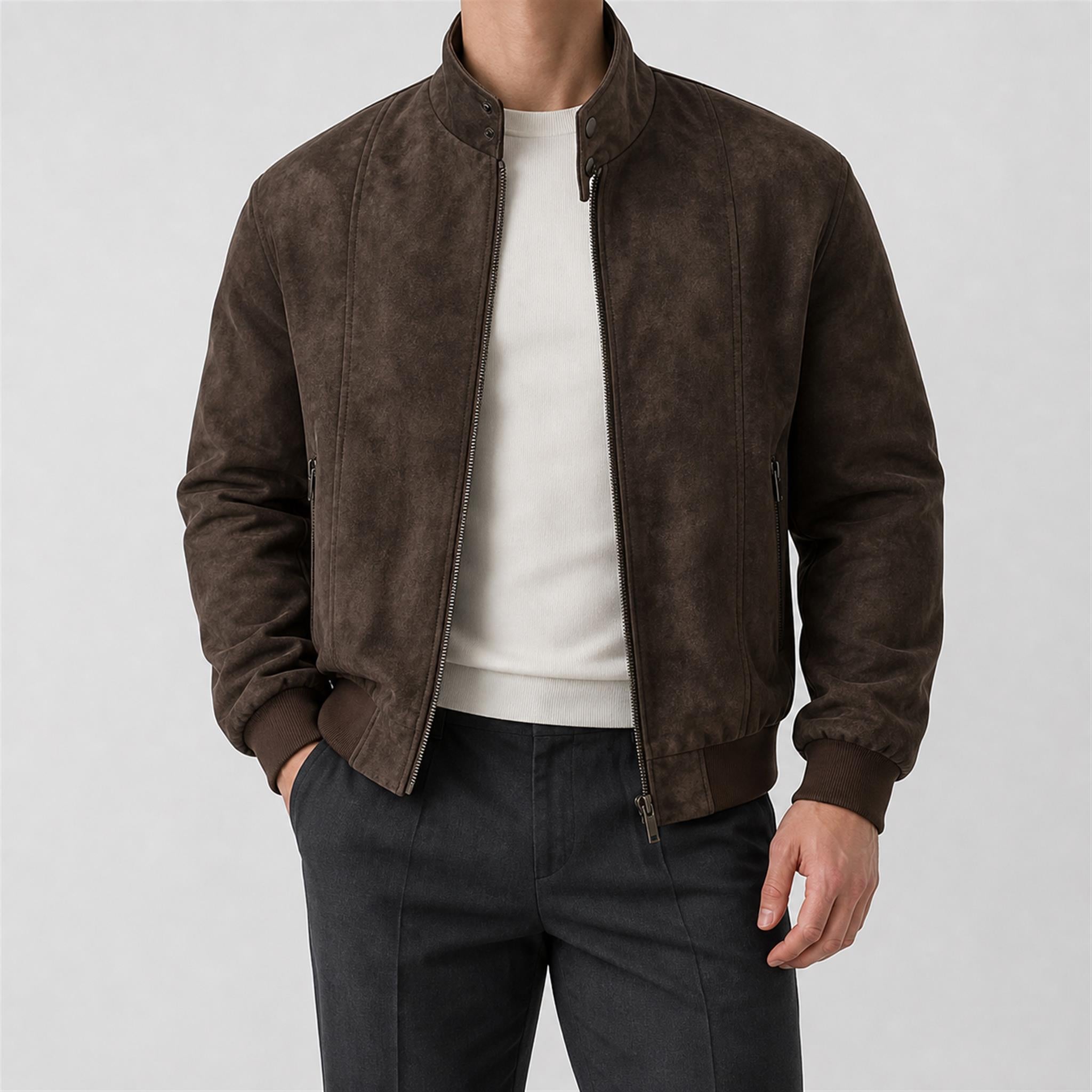 Men's Reversible Plaid Collar Zip Jacket in Coffee Brown, model view
