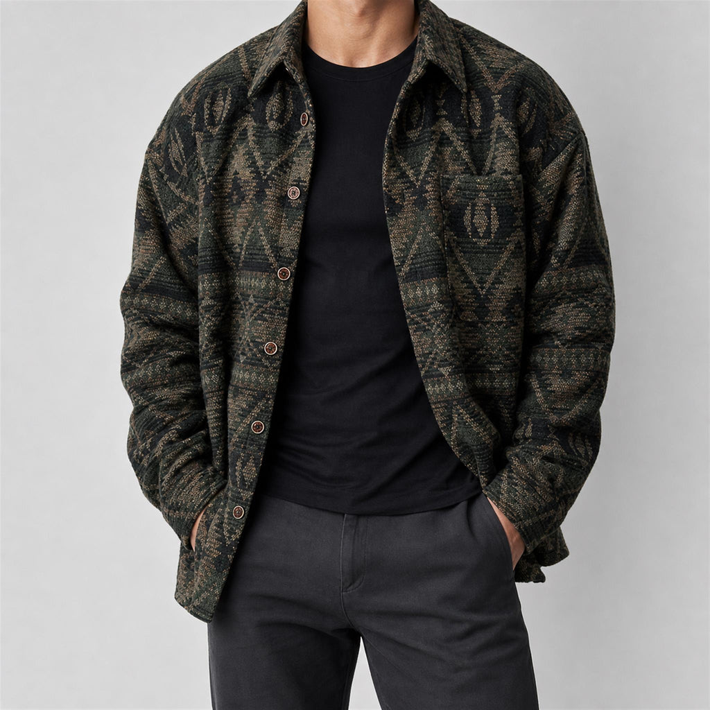 Men's Geometric Wool-Blend Overshirt in Deep Brown Green, model view