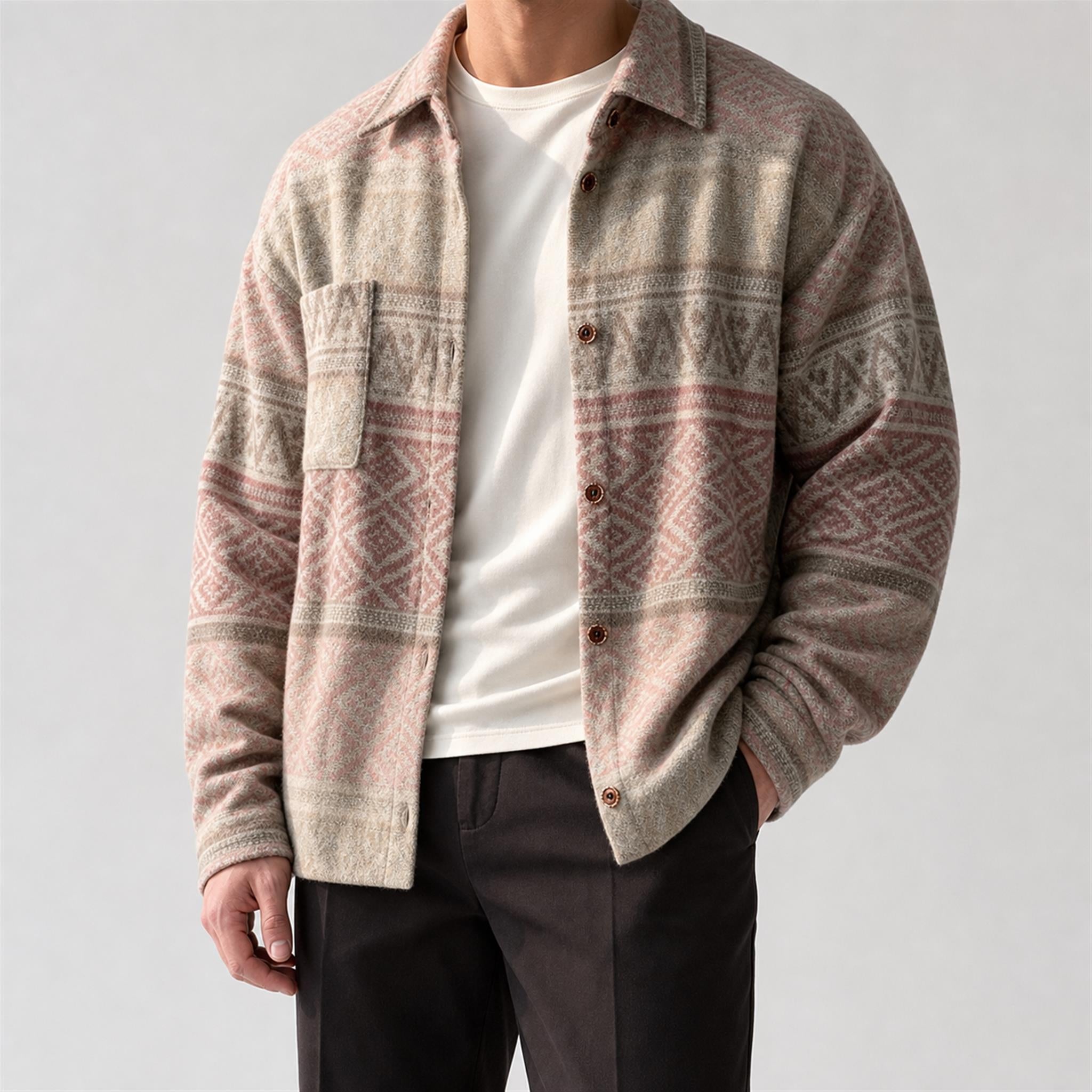 Men's Geometric Wool-Blend Overshirt in Dusty Pink Grey, model view