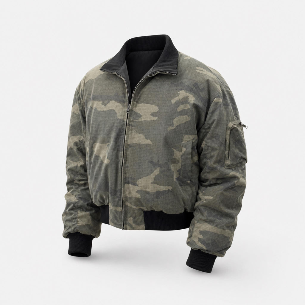 Men's Reversible Camo Insulated Bomber Jacket in Olive Camo, product view