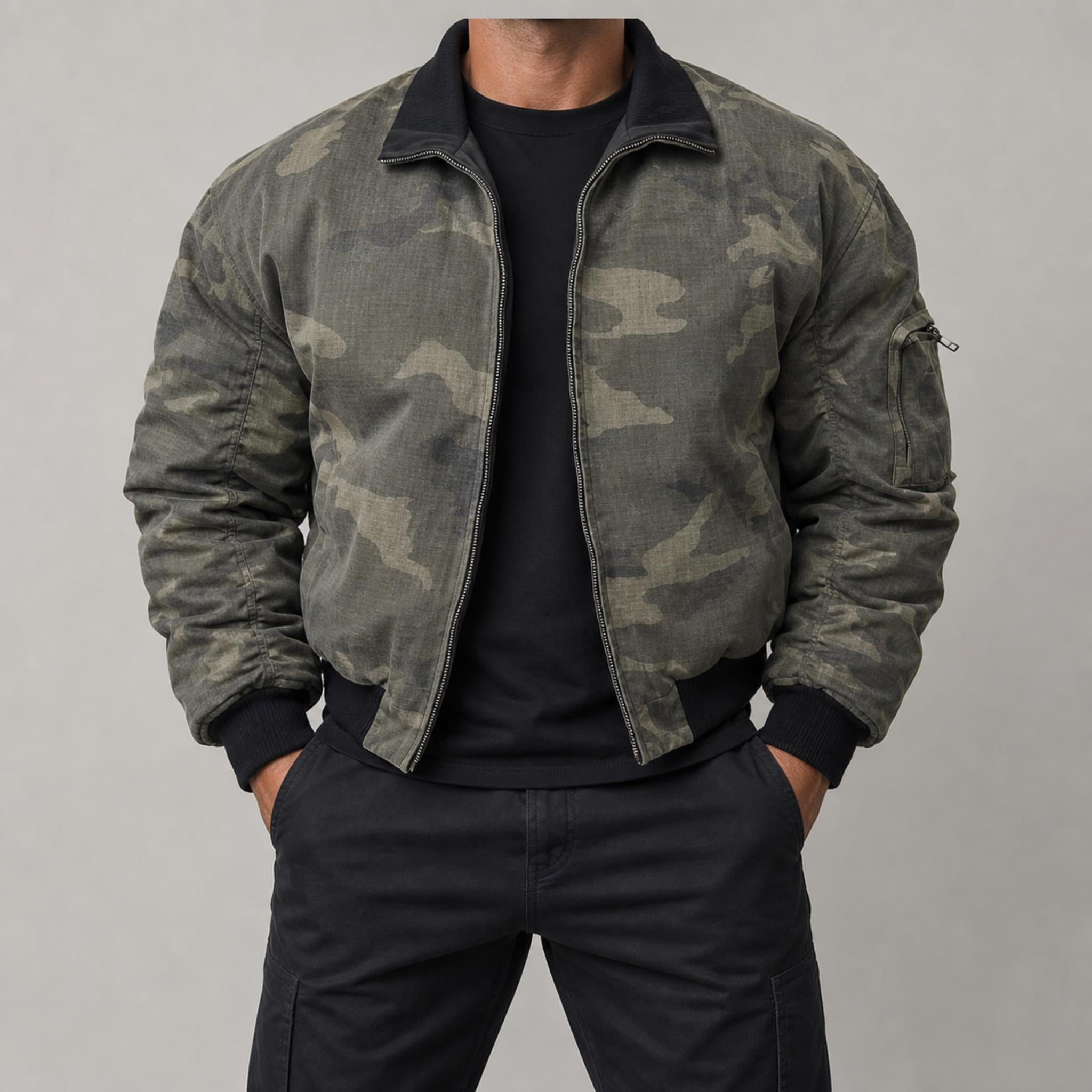 Men's Reversible Camo Insulated Bomber Jacket in Olive Camo, model view