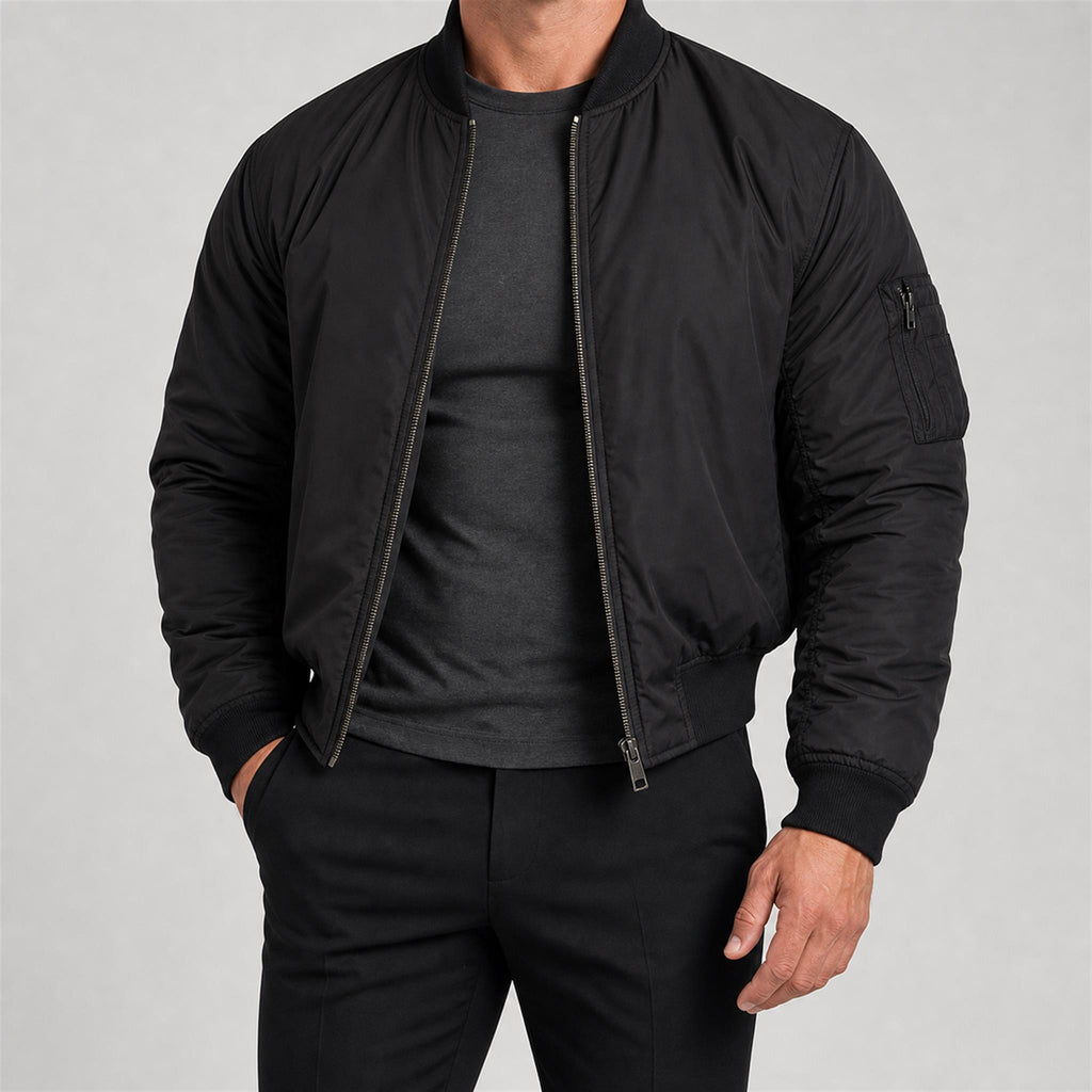 Men's Reversible Camo Insulated Bomber Jacket in Black, model view