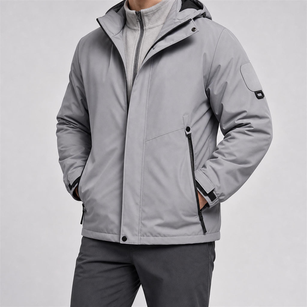 Men's Boxy Hooded PU Puffer Jacket in Grey, model view