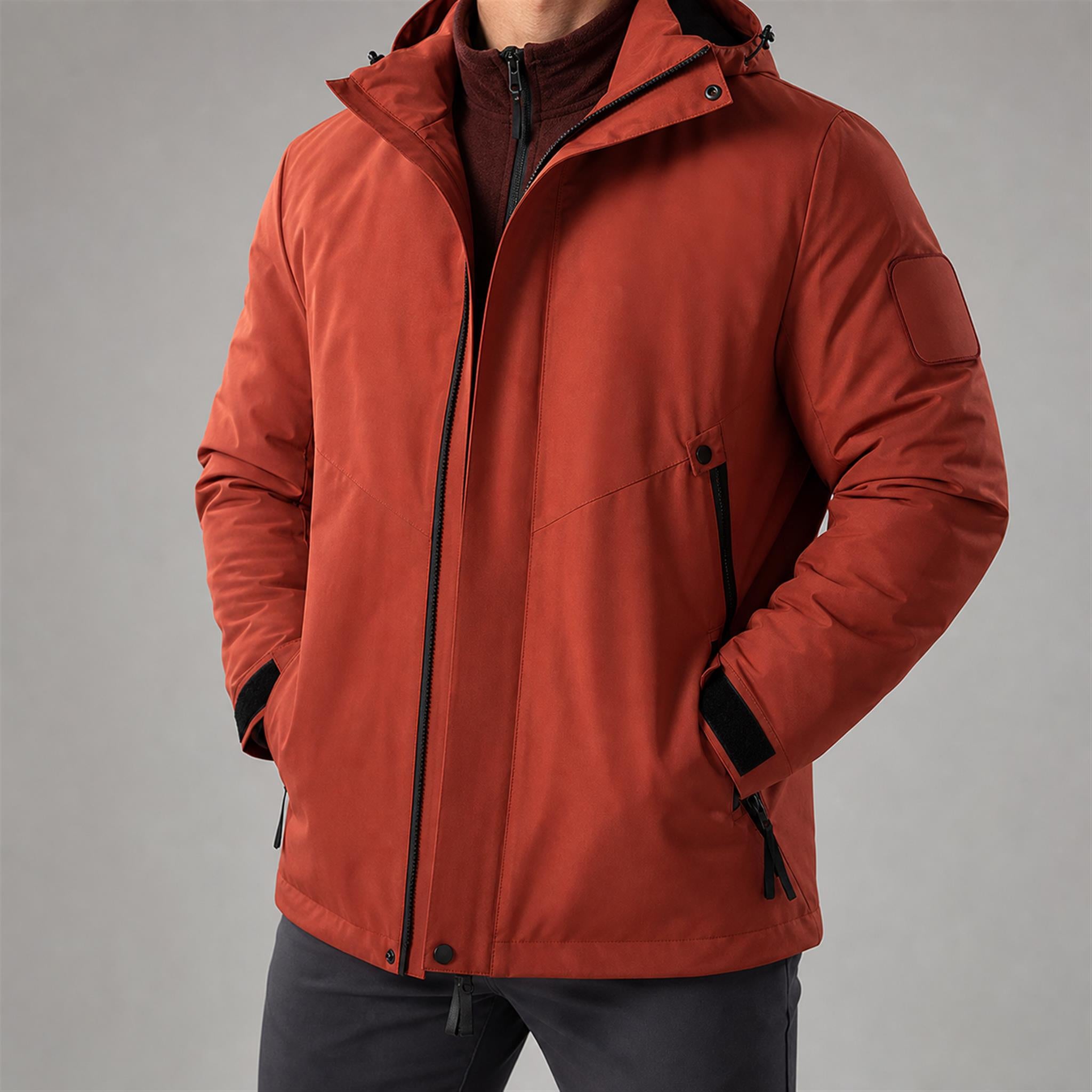 Men's Boxy Hooded PU Puffer Jacket in Red, model view