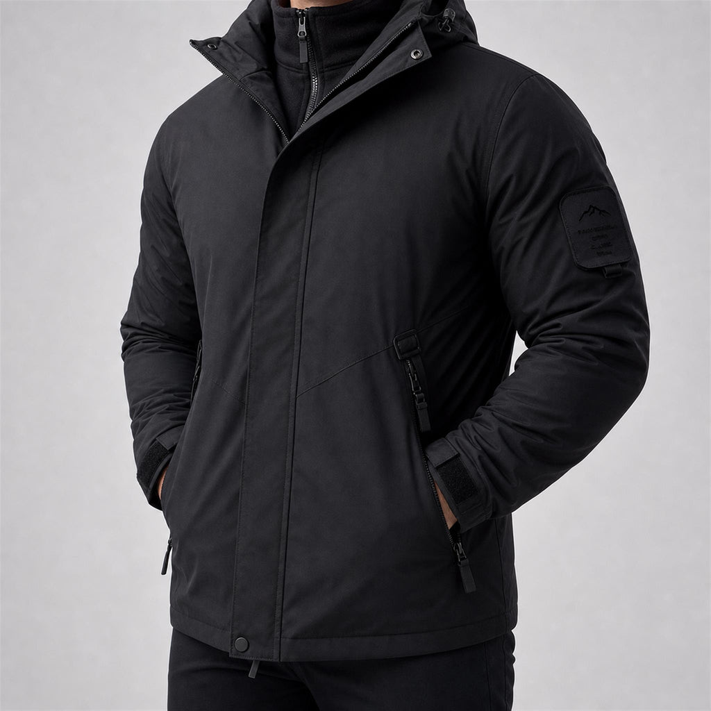 Men's Boxy Hooded PU Puffer Jacket in Black, model view