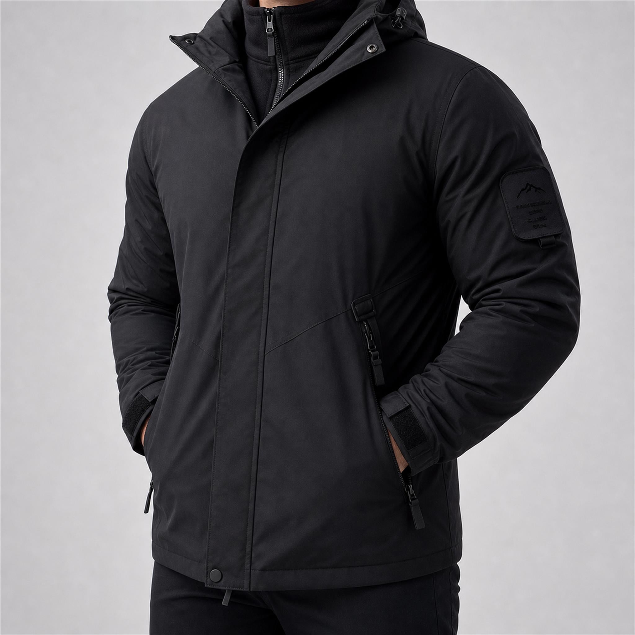 Men's Boxy Hooded PU Puffer Jacket in Black, model view
