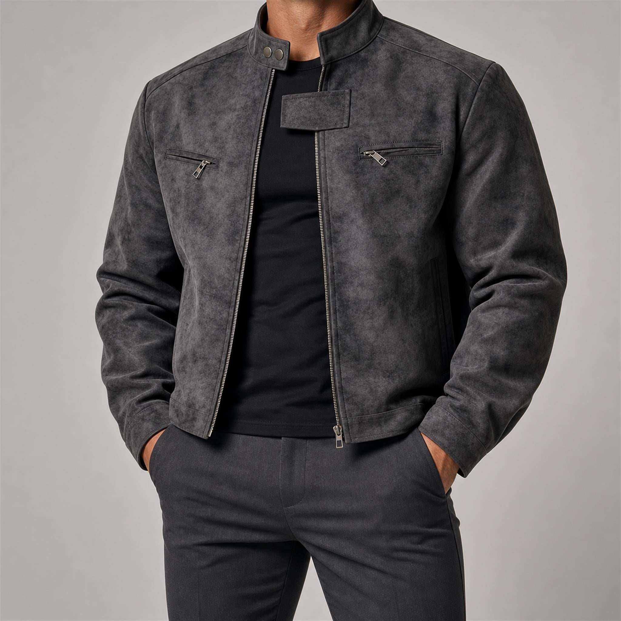 Men's Double-Breasted Wool-Blend Long Coat in Distressed Charcoal, model view