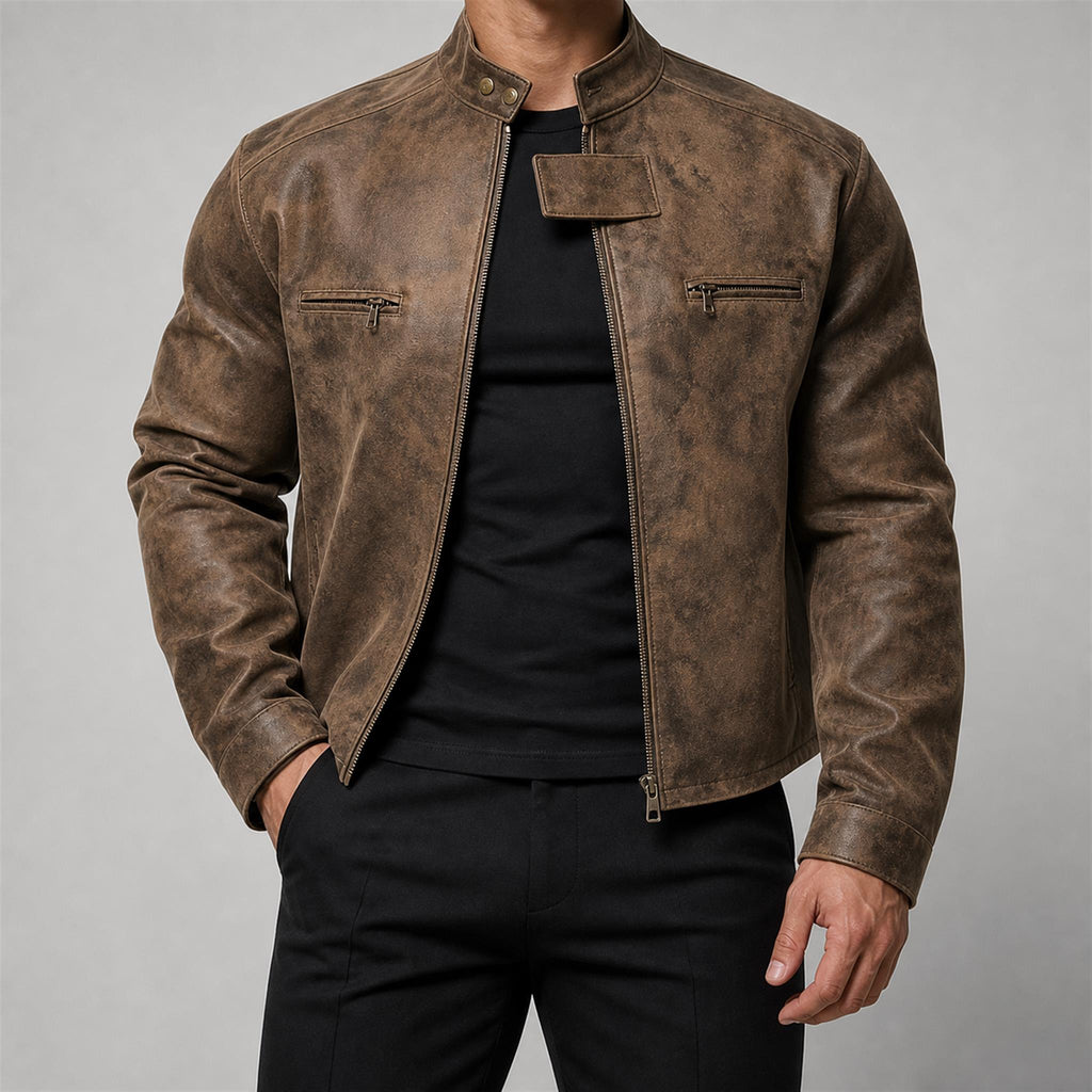 Men's Double-Breasted Wool-Blend Long Coat in Vintage Brown, model view