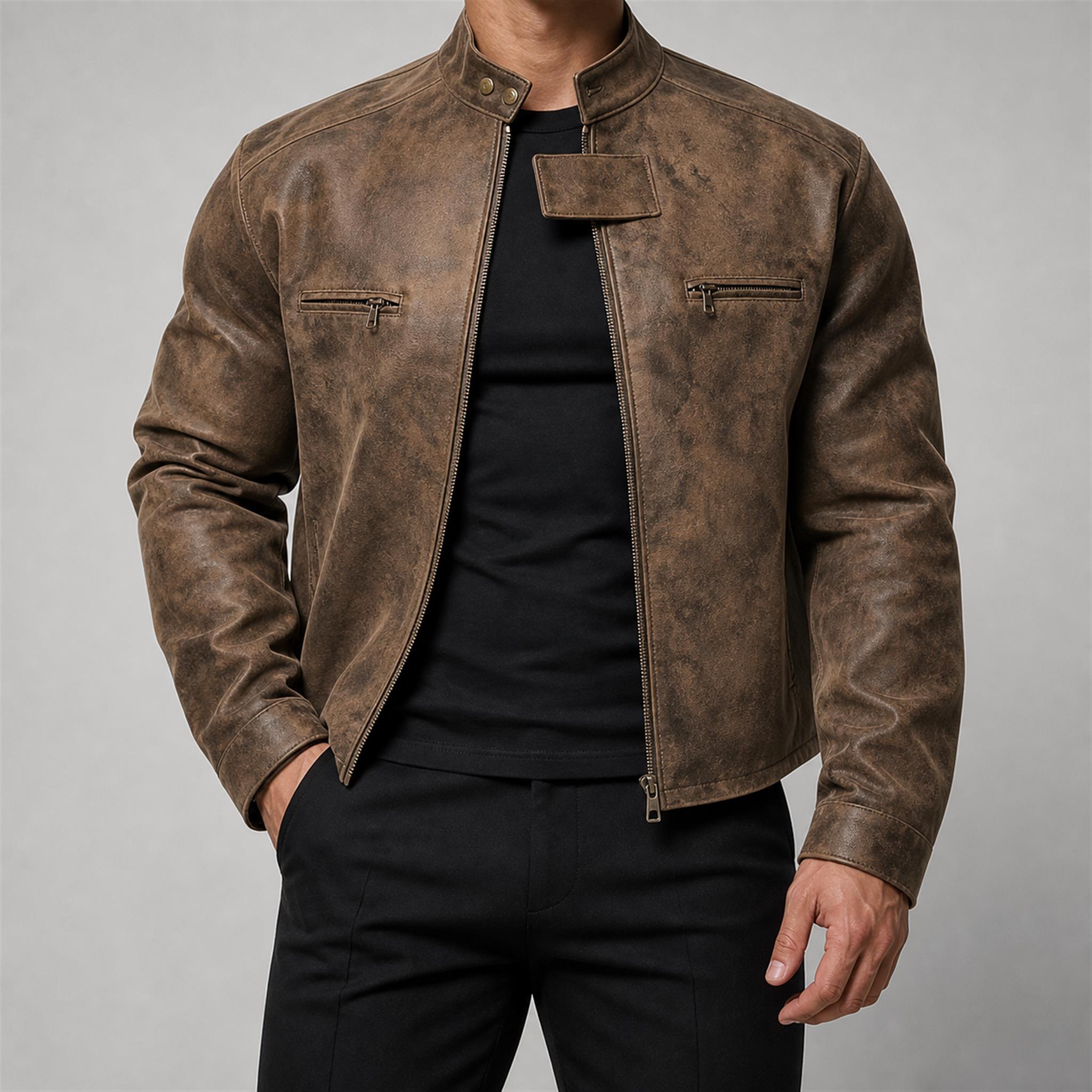 Men's Double-Breasted Wool-Blend Long Coat in Vintage Brown, model view