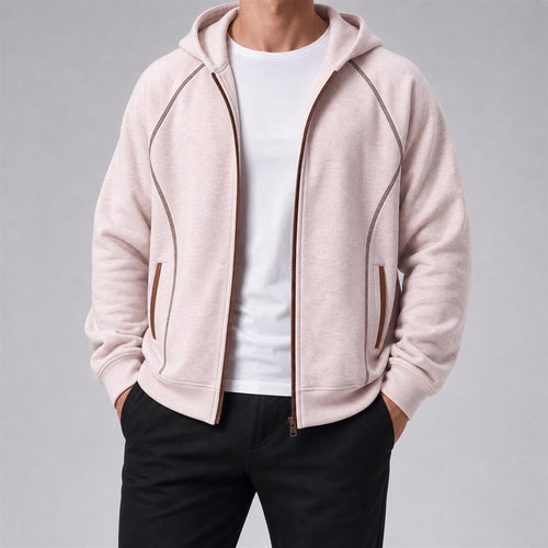 Men's 420g Contrast-Piped Zip Hoodie in Light Pink, model view
