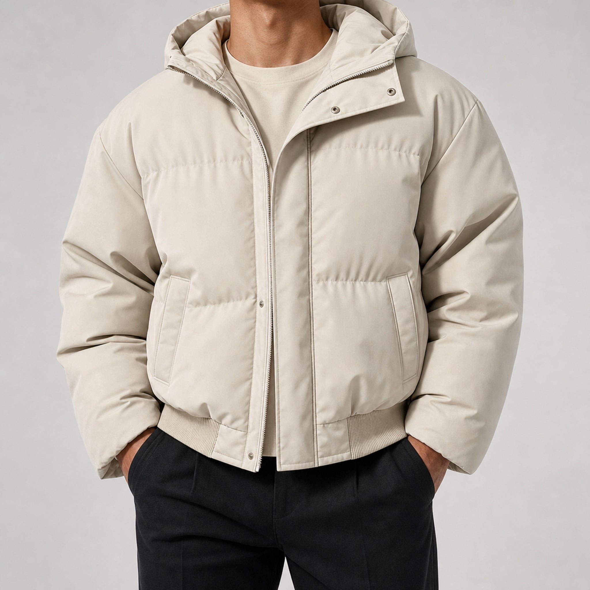 Men's Water-Resistant Flight Bomber Jacket in Ivory, model view