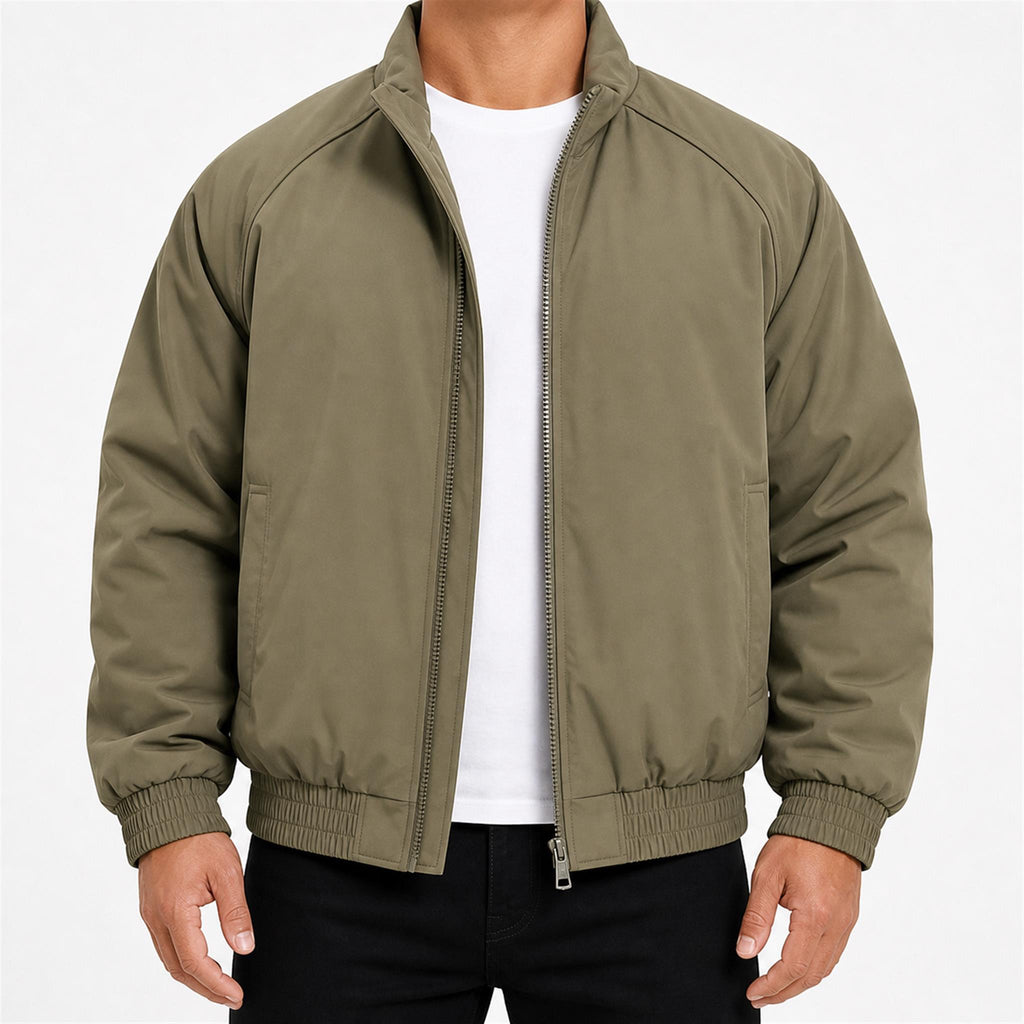 Men's Pleated Studded Collared Jacket in Army Green, model view