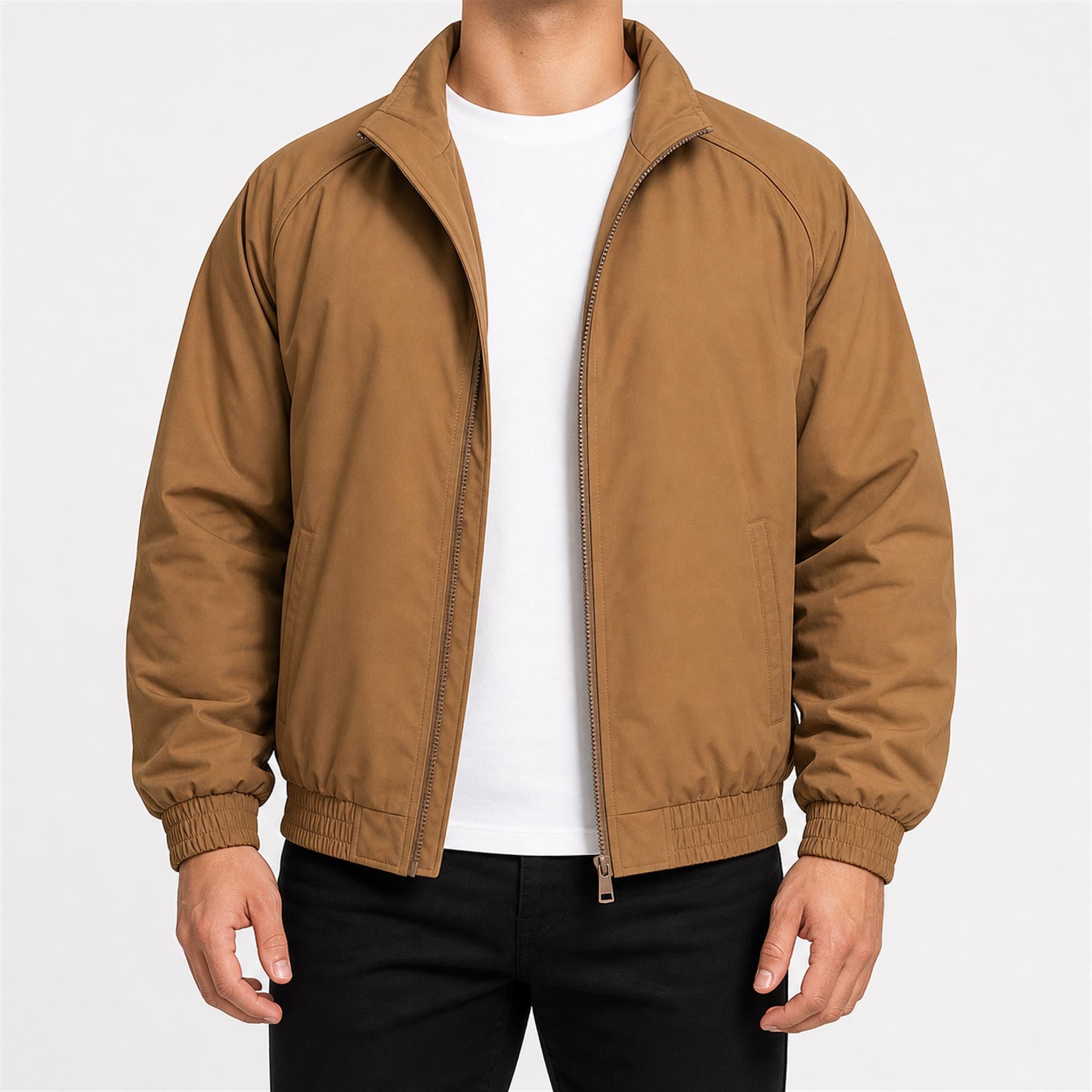 Men's Pleated Studded Collared Jacket in Khaki, model view