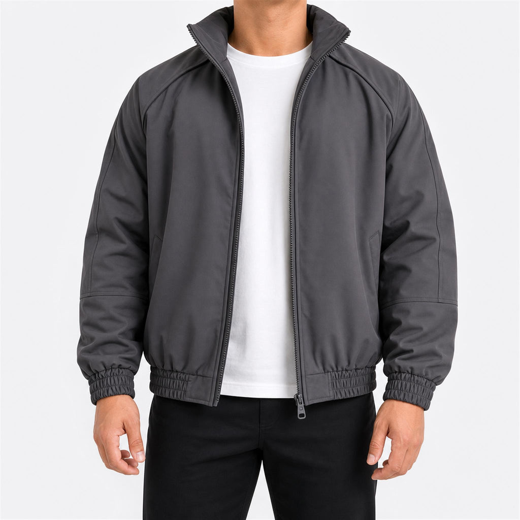 Men's Pleated Studded Collared Jacket in Dark Grey, model view