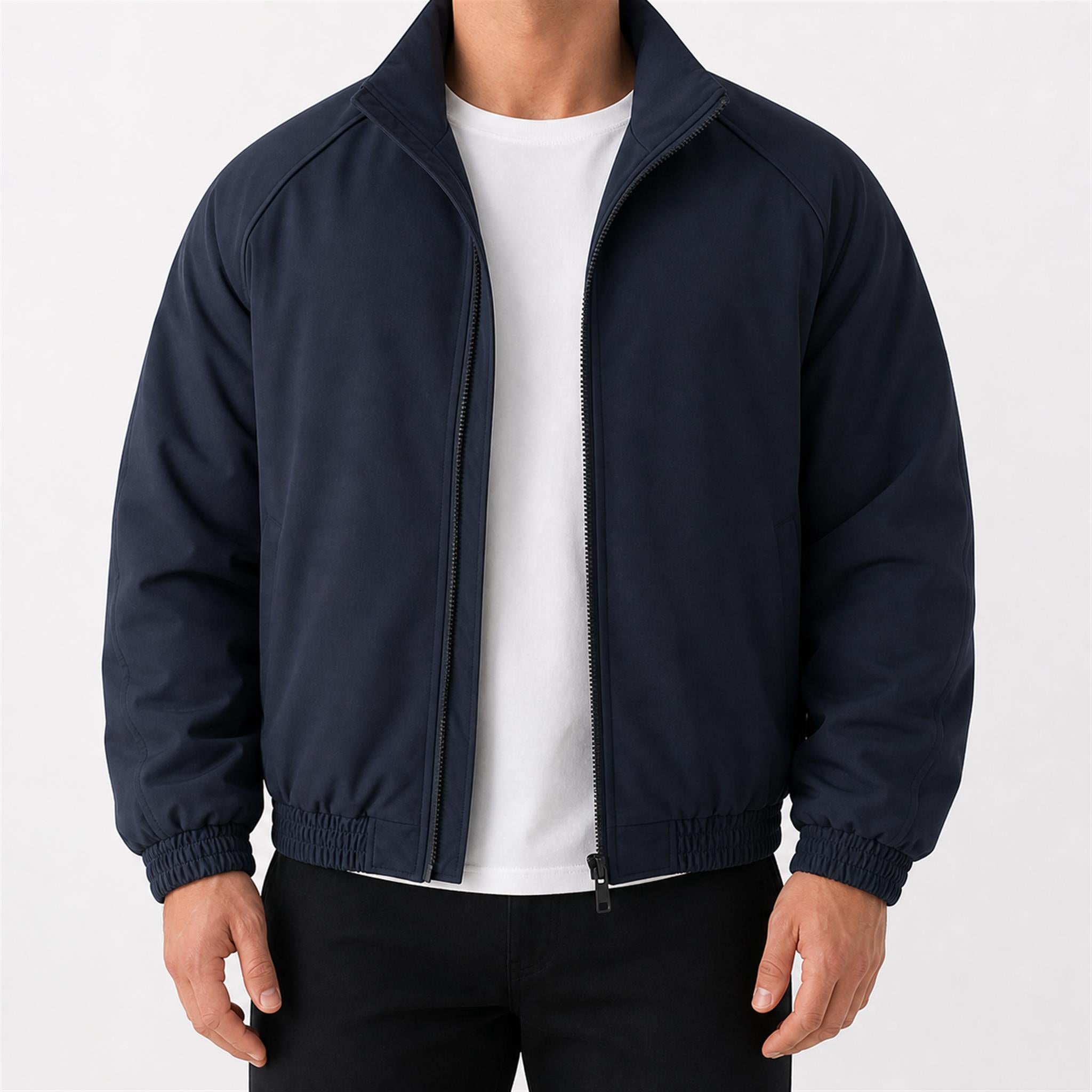 Men's Pleated Studded Collared Jacket in Navy, model view