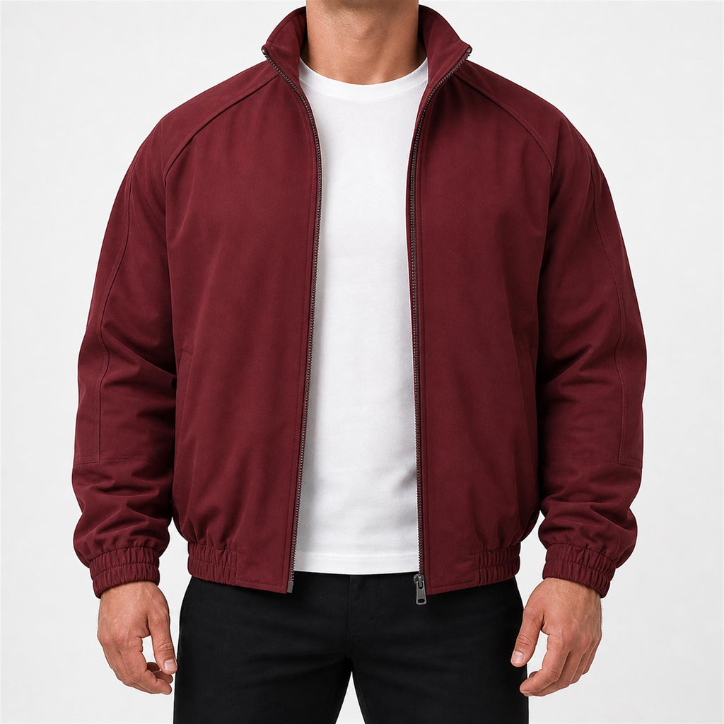 Men's Pleated Studded Collared Jacket in Burgundy, model view