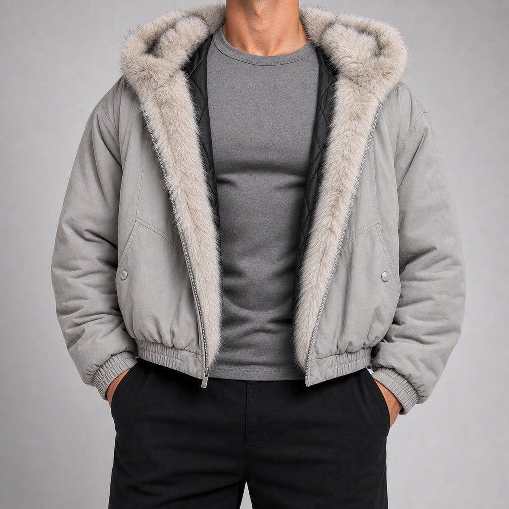 Men's Structured PU Leather Stand-Collar Jacket in Light Grey, model view