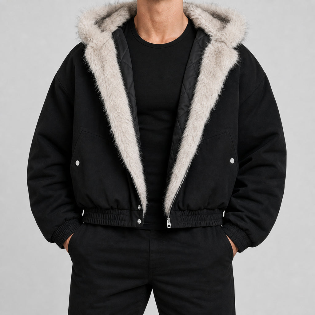 Men's Structured PU Leather Stand-Collar Jacket in Black, model view