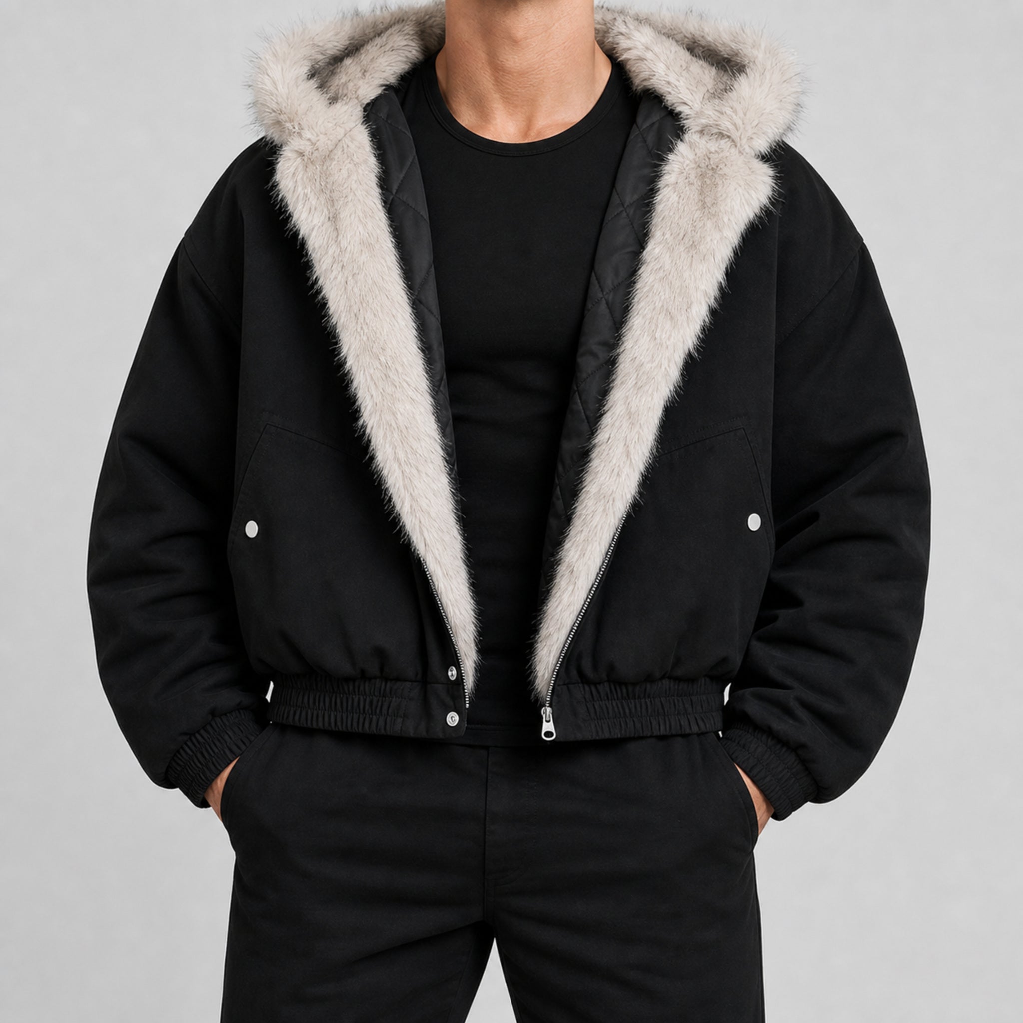 Men's Structured PU Leather Stand-Collar Jacket in Black, model view