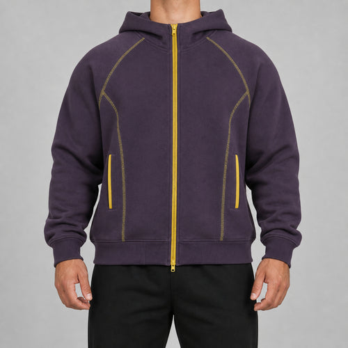 Men's 420g Contrast-Piped Zip Hoodie H1236 in Deep Purple, model view