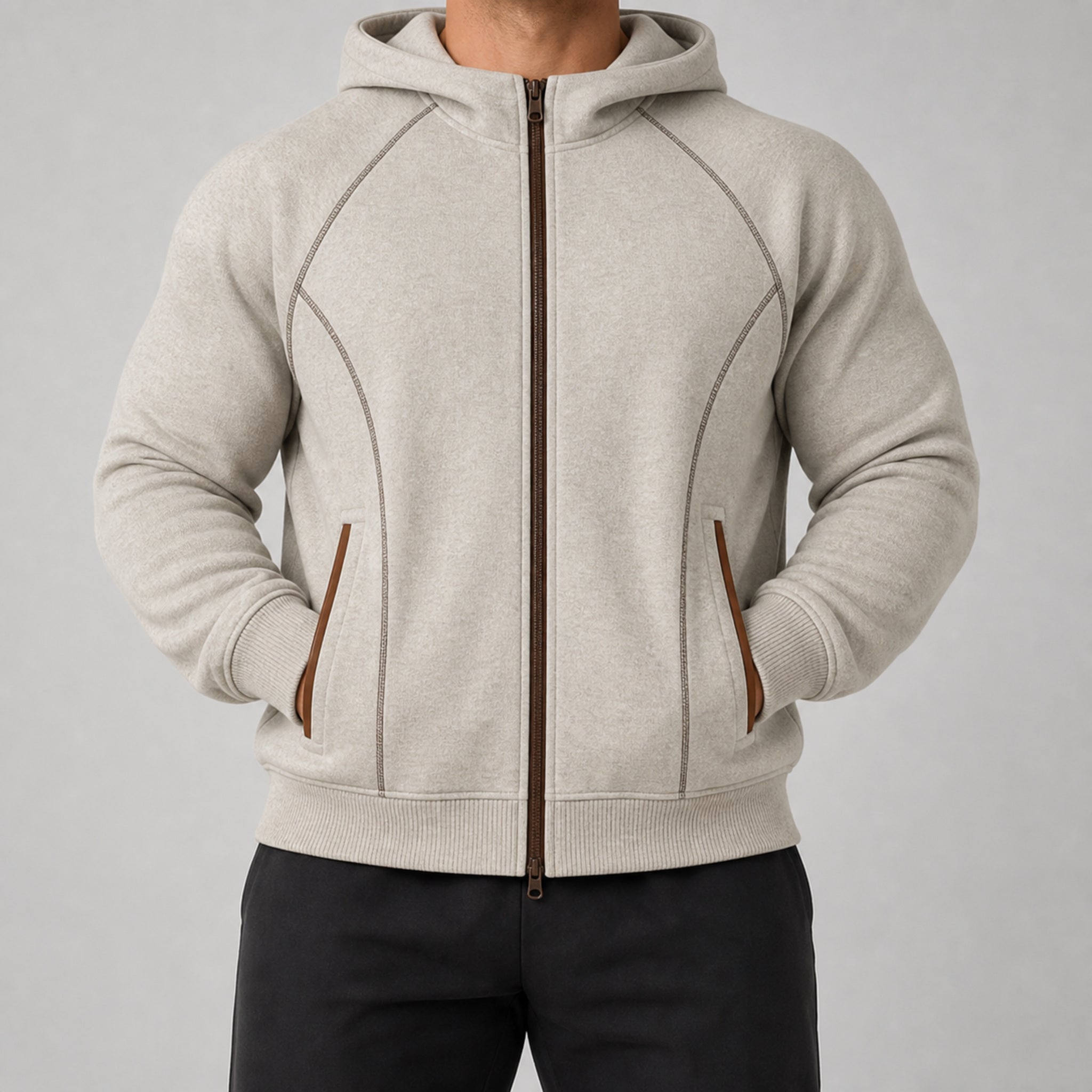 Men's 3-in-1 Graphene-Lined Outdoor Shell Jacket in Oatmeal, model view