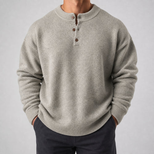 Men's 520g Heavyweight Henley Knit Sweater in Grey, model view