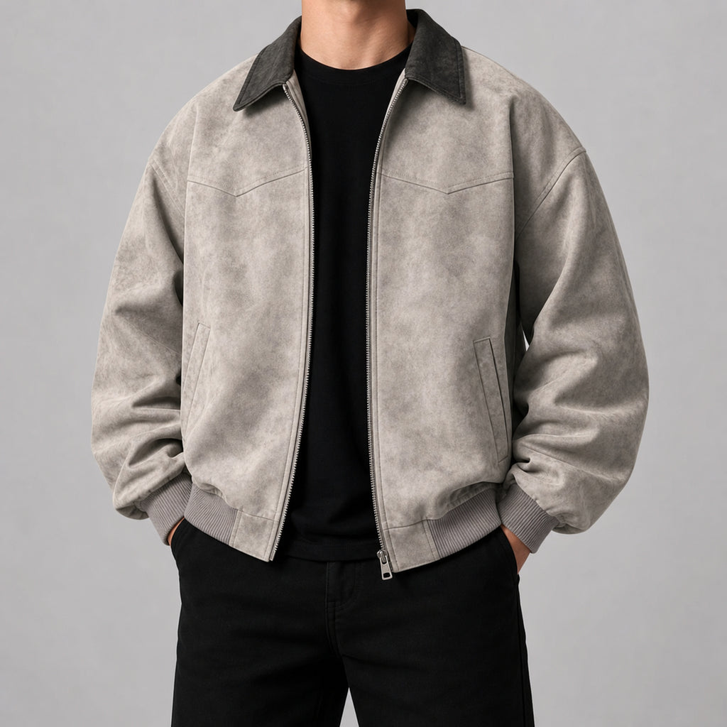 Men's Vintage Stand-Collar Casual Jacket in Taupe Grey, model view