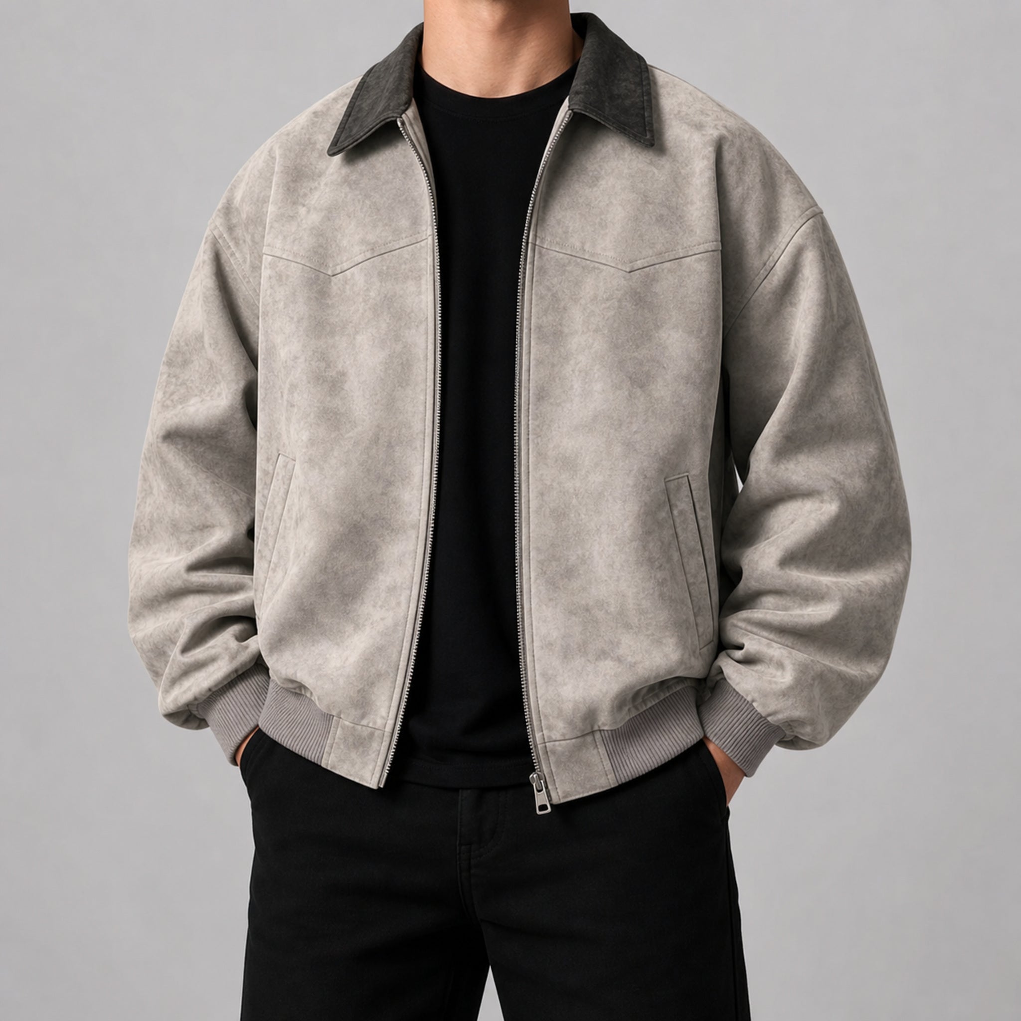 Men's Vintage Stand-Collar Casual Jacket in Taupe Grey, model view