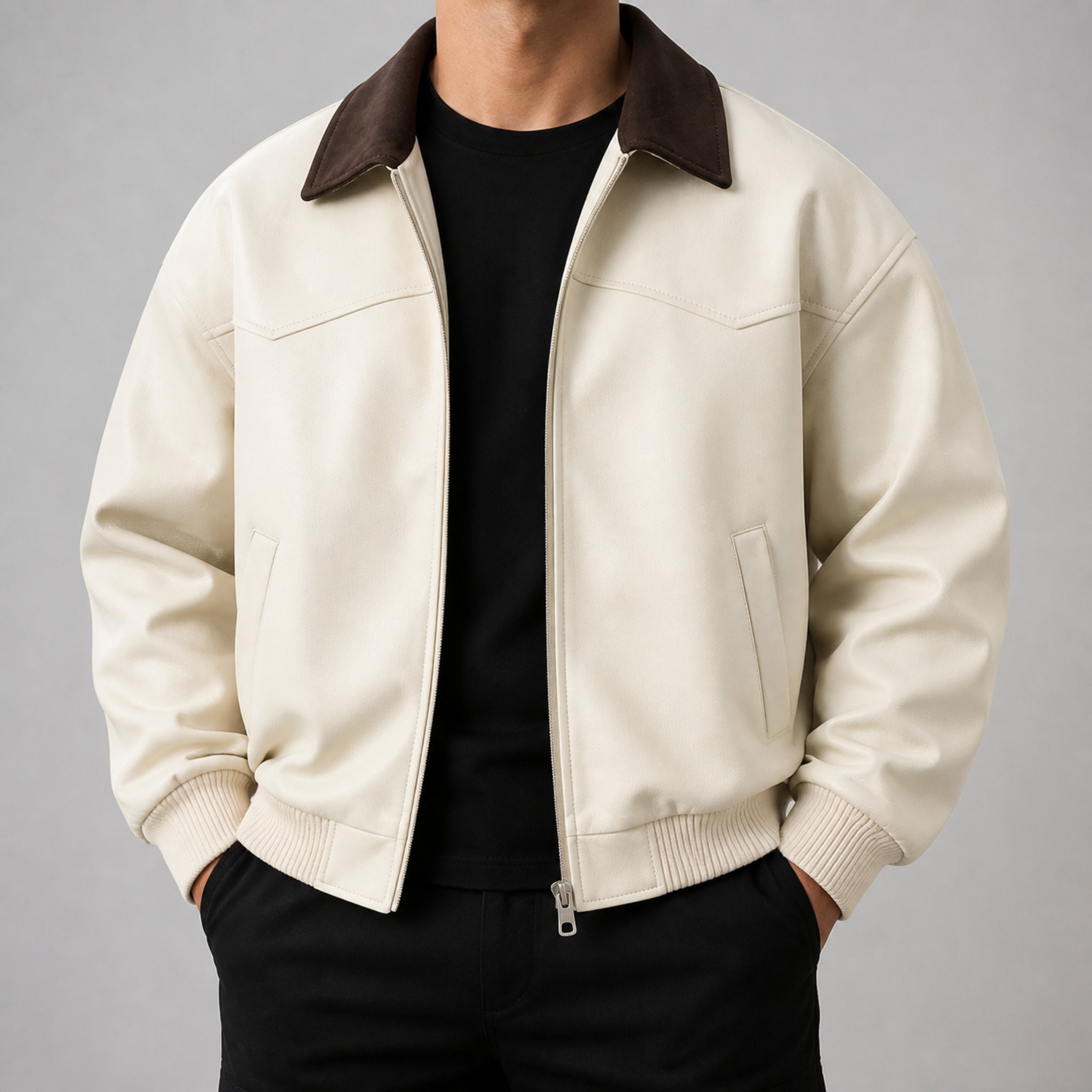 Men's Vintage Stand-Collar Casual Jacket in Ivory, model view