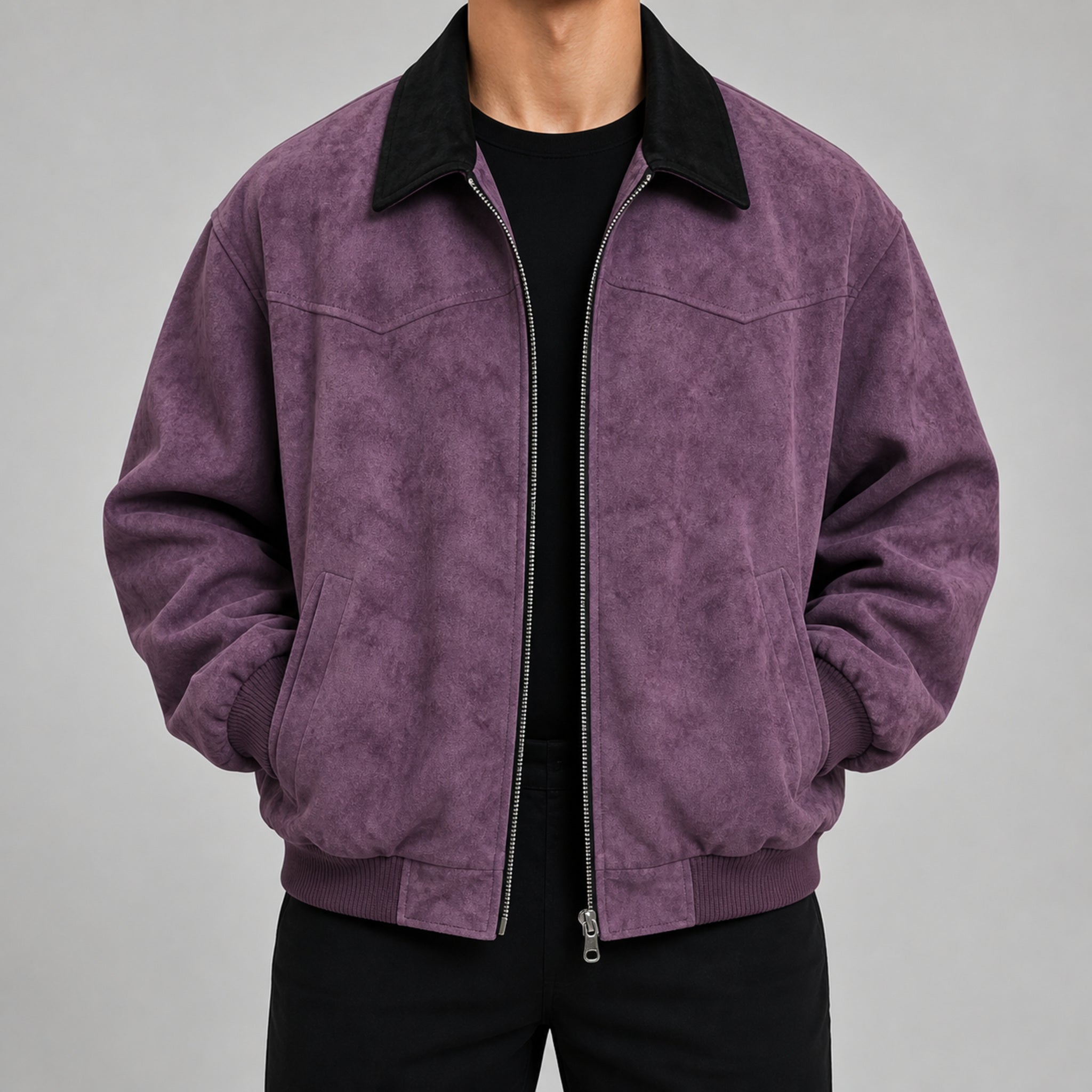 Men's Vintage Stand-Collar Casual Jacket in Purple, model view