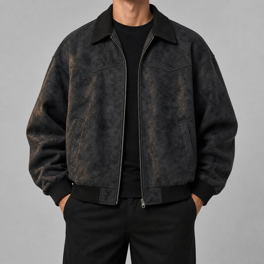 Men's Vintage Stand-Collar Casual Jacket in Black, model view