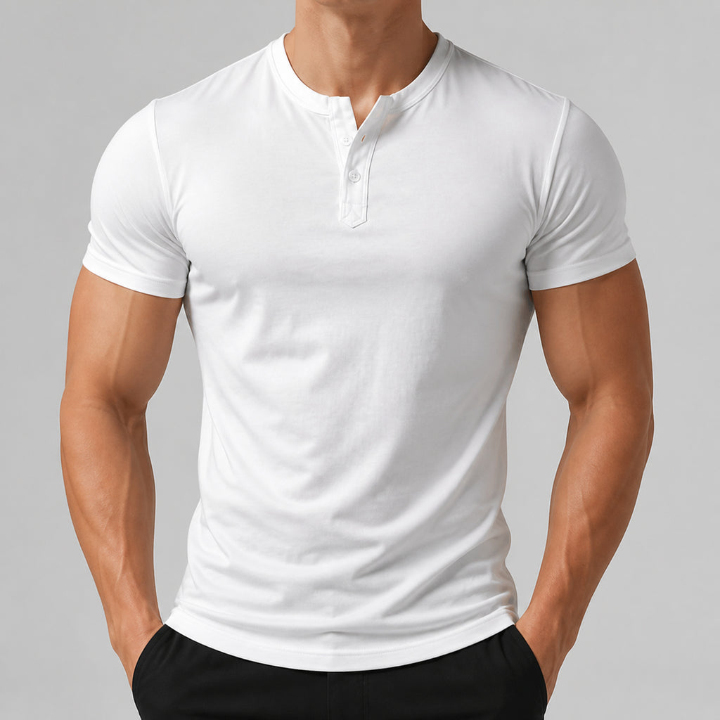 VAREN FORM Men's Slim-Fit Short Sleeve Henley T-Shirt front model view