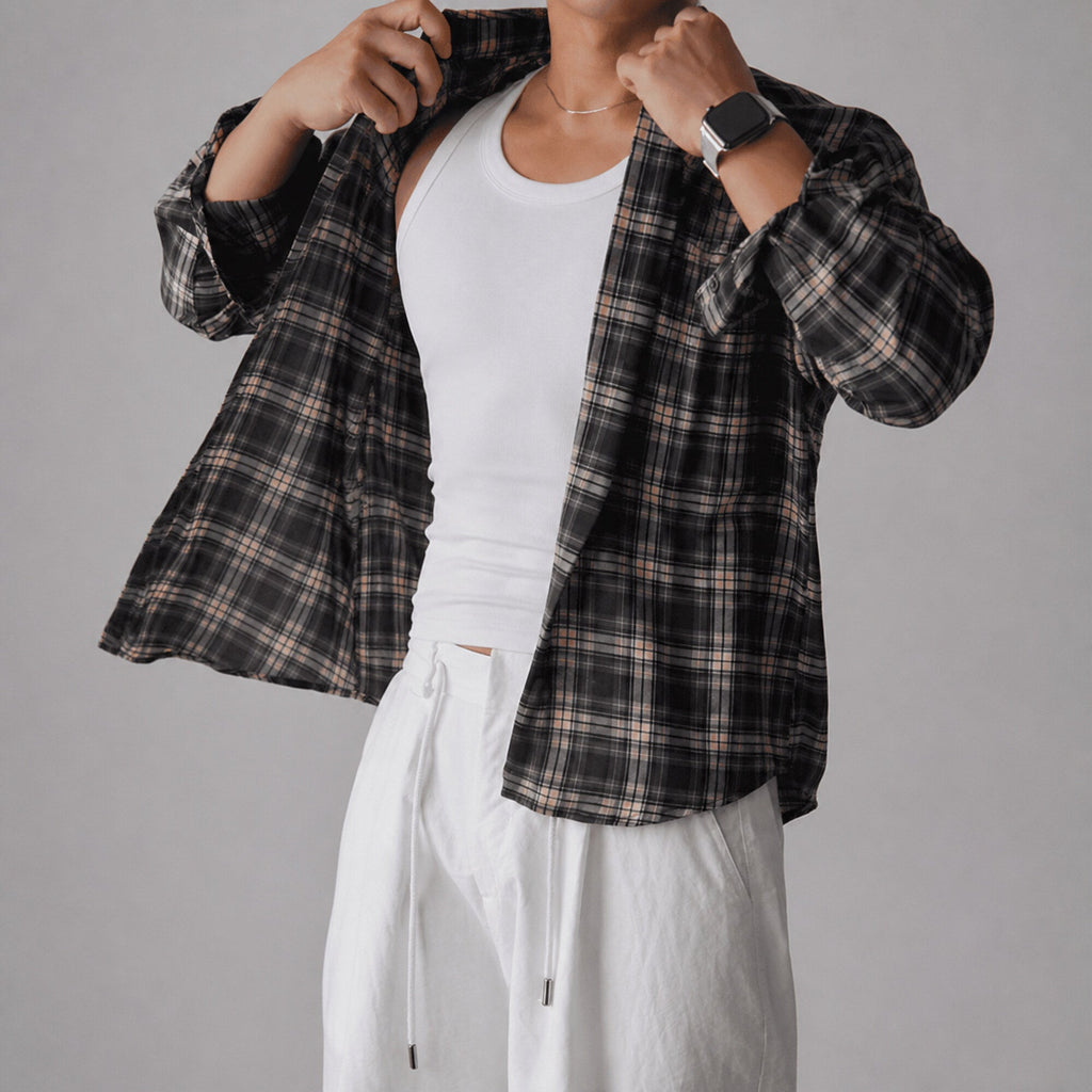 VAREN FORM Men's Lightweight Plaid Long Sleeve Shirt front model view