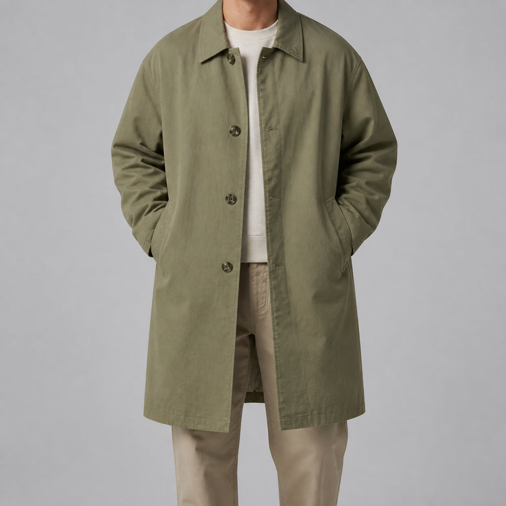 VAREN FORM Men's Olive Balmacaan Long Coat front model view