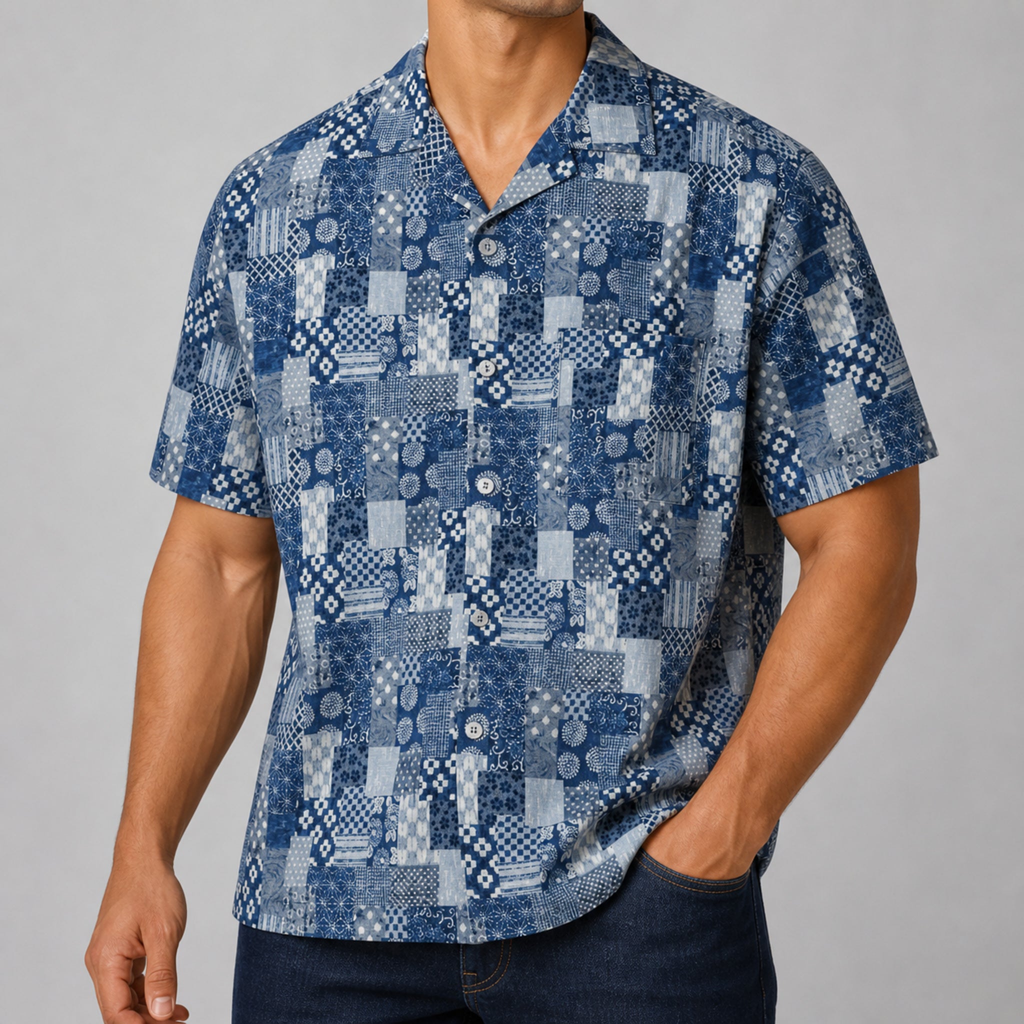 VAREN FORM Men's Boro Patchwork Short Sleeve Shirt front model view