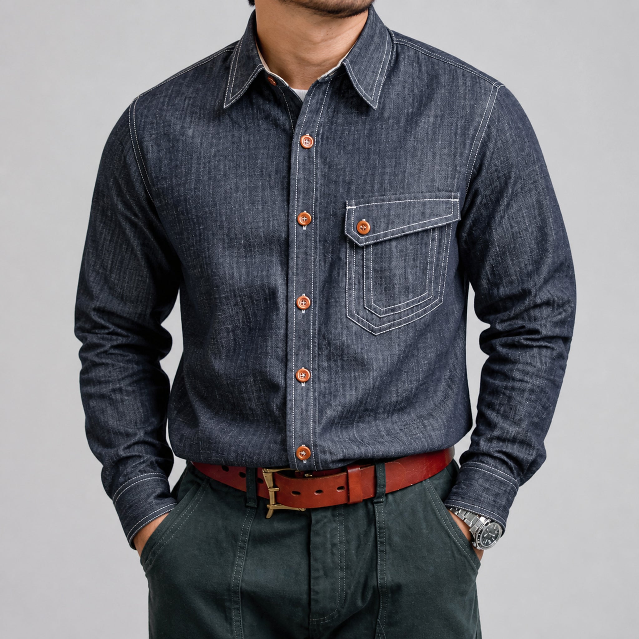 VAREN FORM Men's Western Denim Long Sleeve Shirt front model view