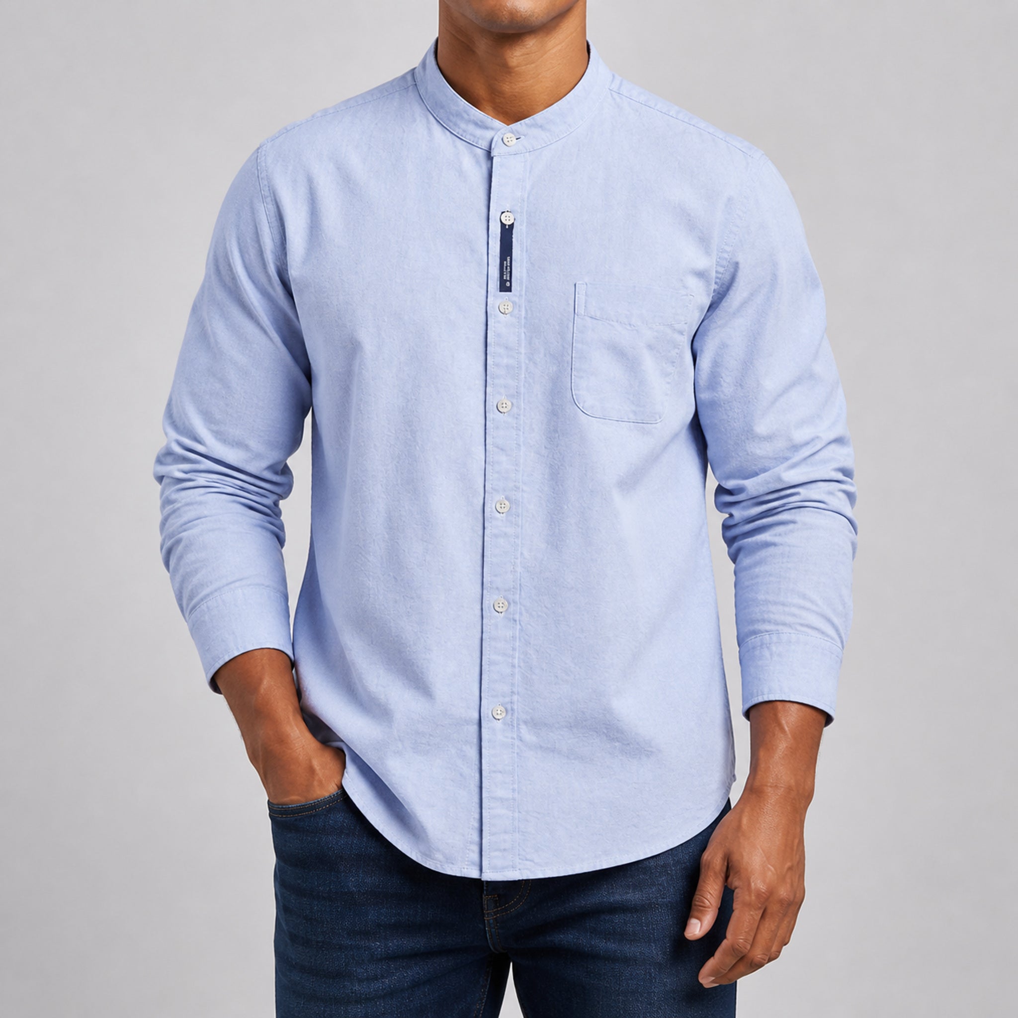 VAREN FORM Men's Stand Collar Oxford Cotton Shirt front model view