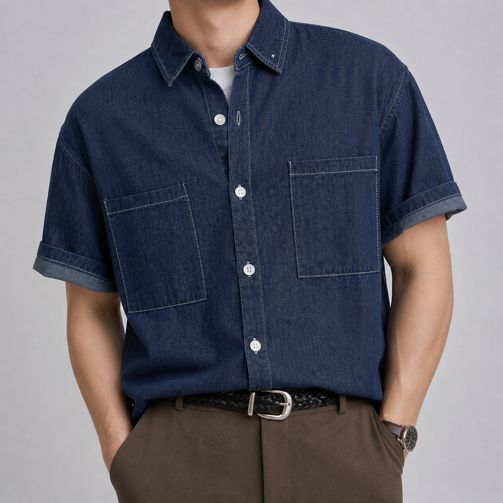VAREN FORM Men's Washed Denim Short Sleeve Shirt front model view