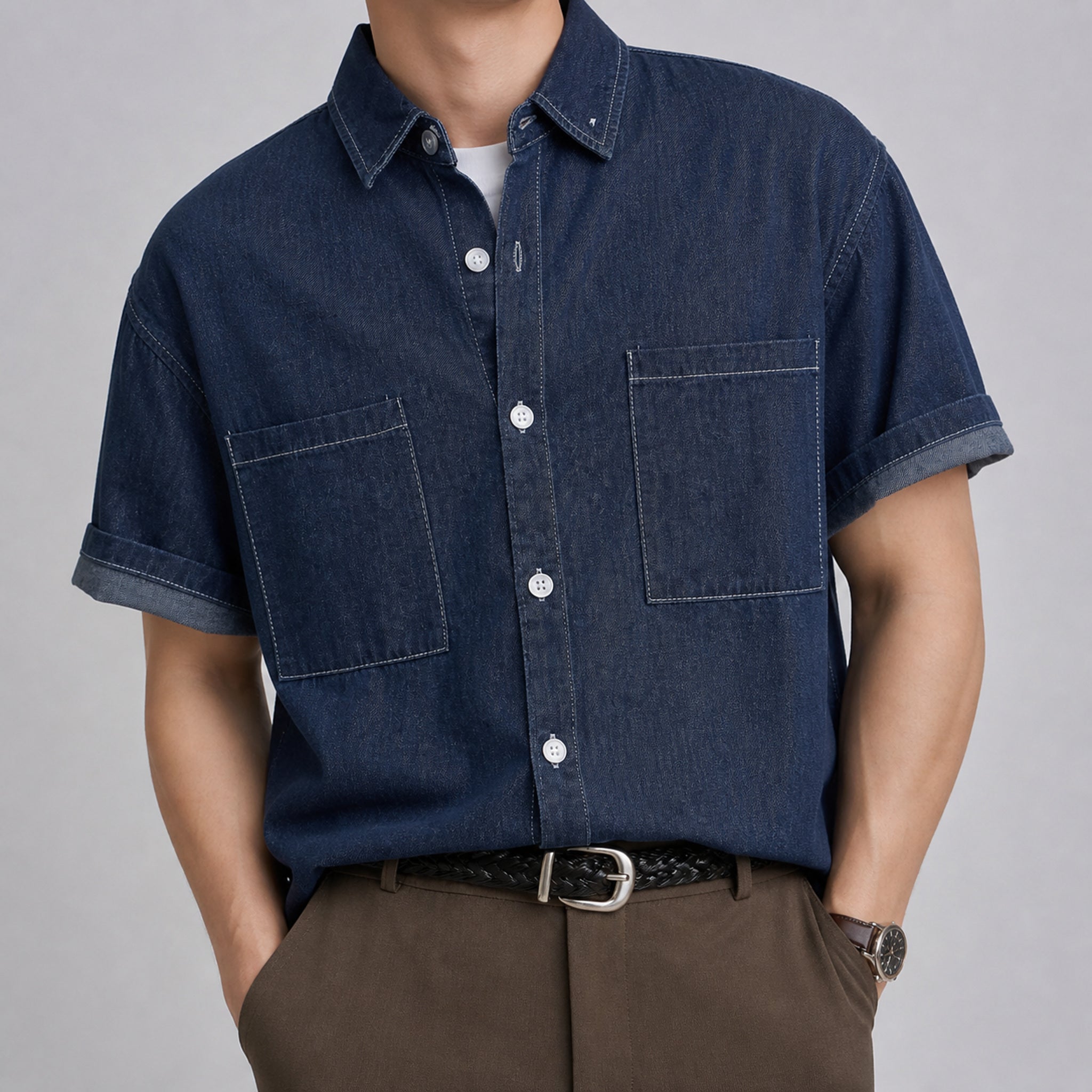 VAREN FORM Men's Washed Denim Short Sleeve Shirt front model view