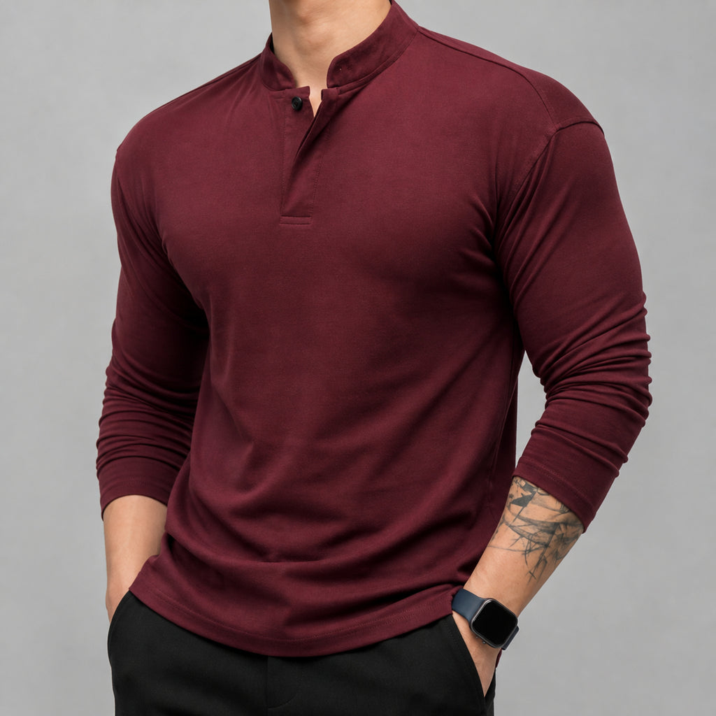 VAREN FORM Men's Contrast Henley Long Sleeve Polo front model view