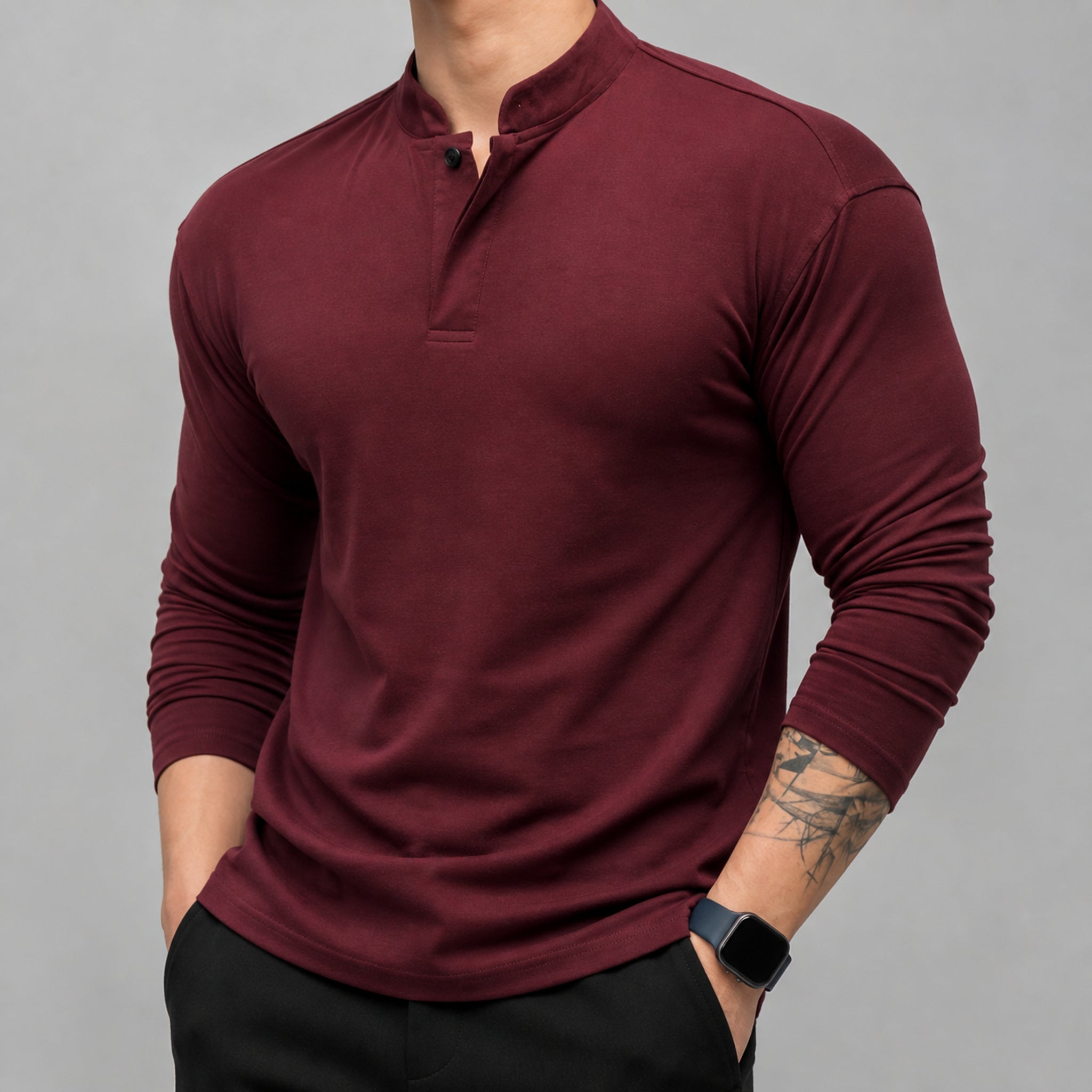VAREN FORM Men's Contrast Henley Long Sleeve Polo front model view