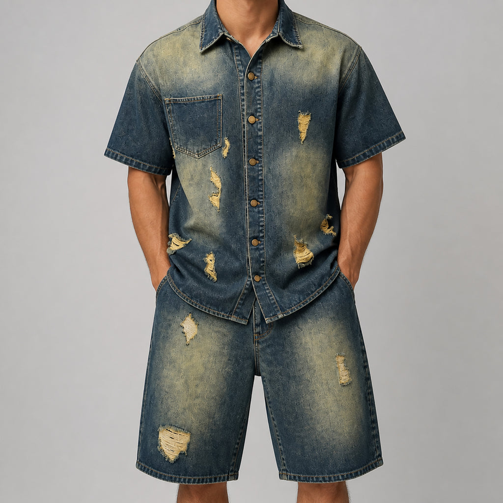 VAREN FORM Men's Distressed Denim Short Sleeve Set front model view