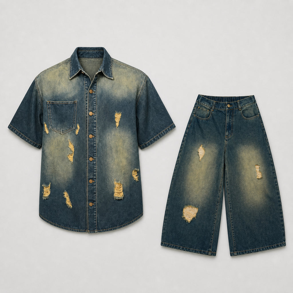 VAREN FORM Men's Distressed Denim Short Sleeve Set product front view