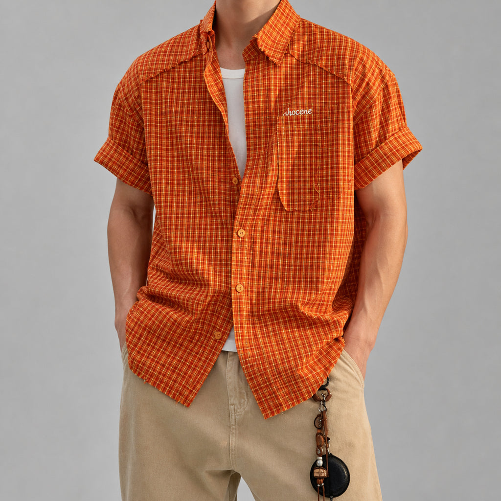 VAREN FORM Men's Vintage Orange Plaid Short Sleeve Shirt front model view