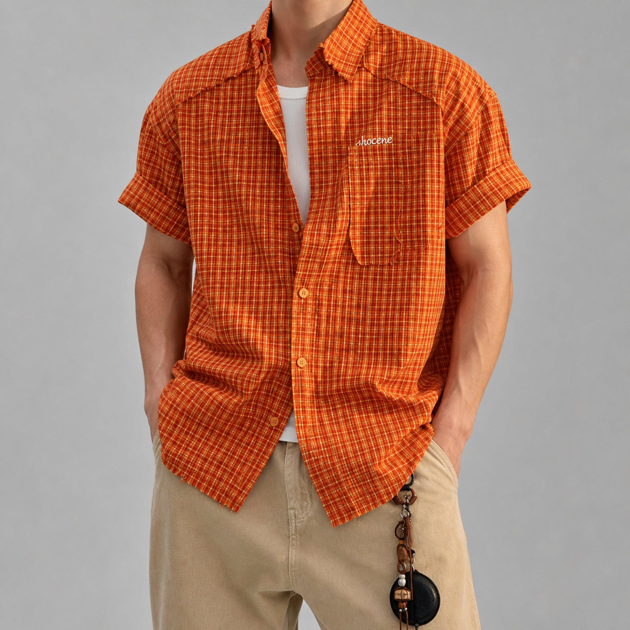 VAREN FORM Men's Vintage Orange Plaid Short Sleeve Shirt front model view