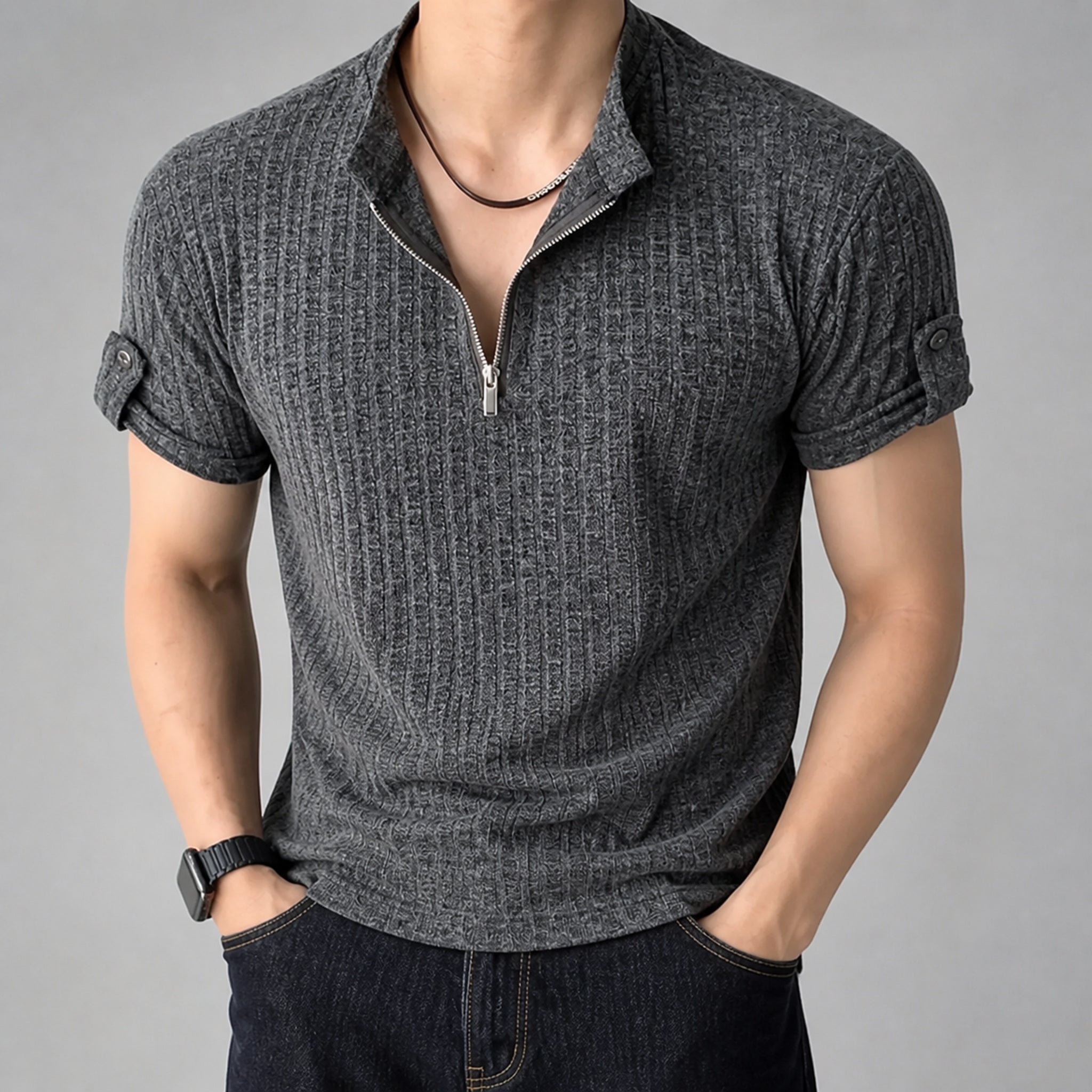 VAREN FORM Men's Old Money Short Sleeve Henley Shirt front model view