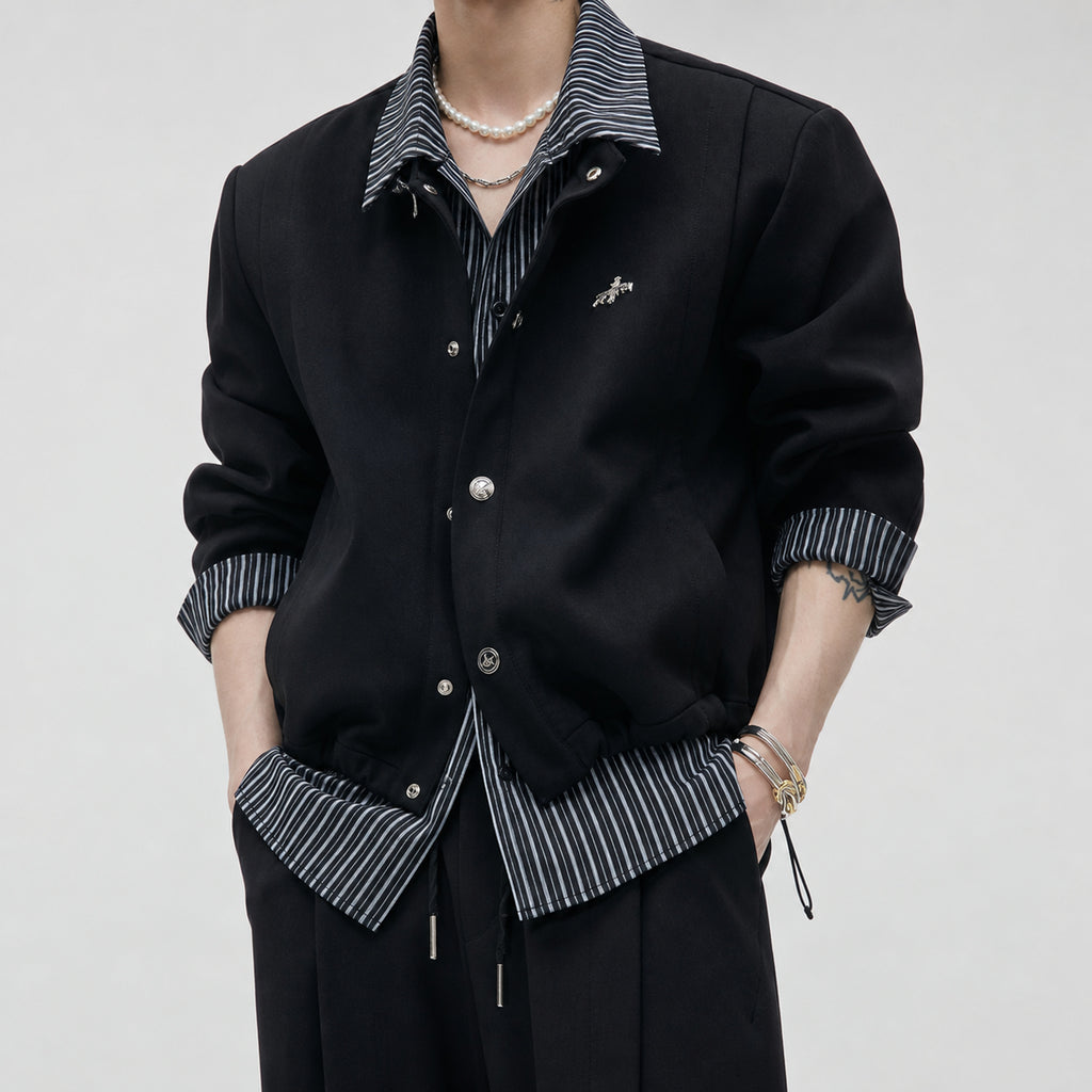 VAREN FORM Men's Layered Stripe Stand Collar Jacket front model view