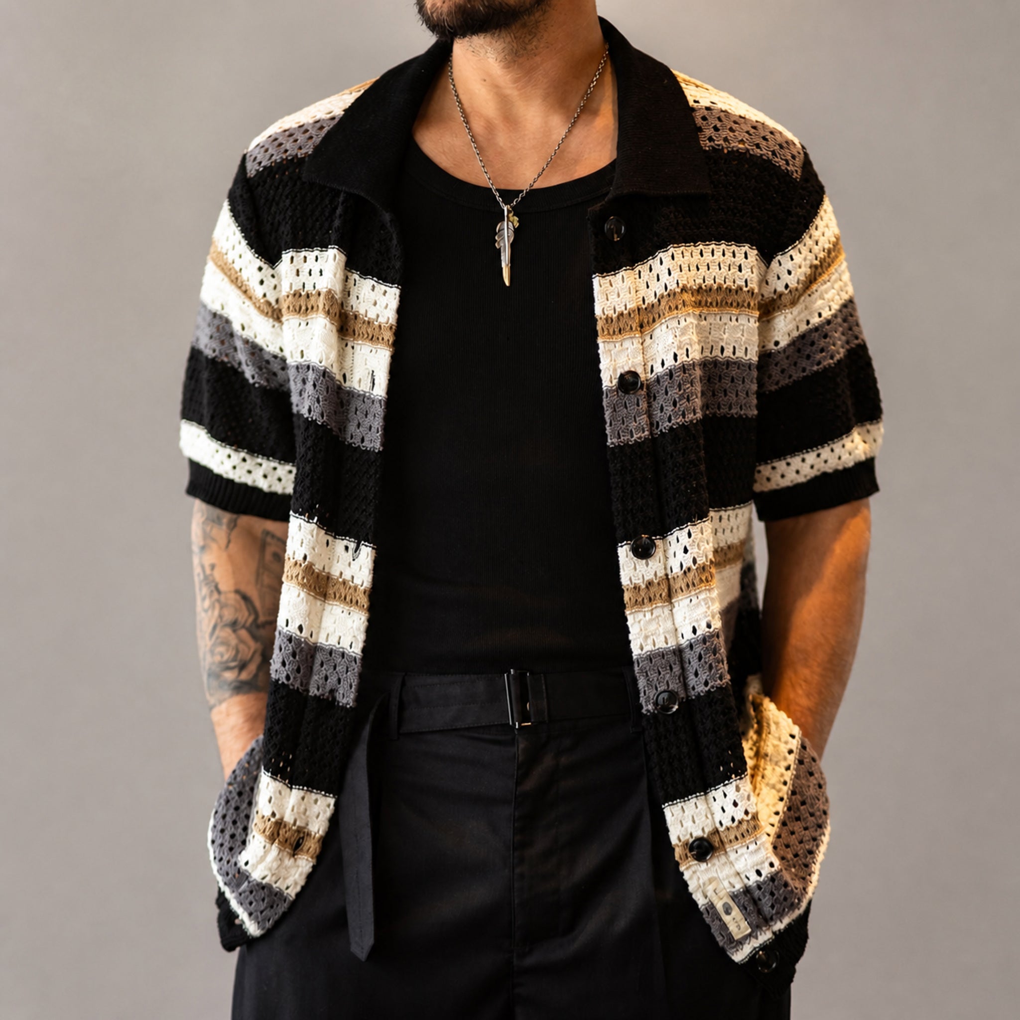 VAREN FORM Men's Open-Knit Stripe Short Sleeve Shirt front model view