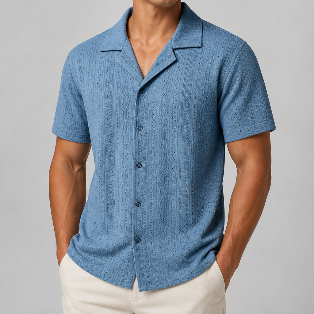 VAREN FORM Men's Open-Knit Cuban Collar Short Sleeve Shirt front model view