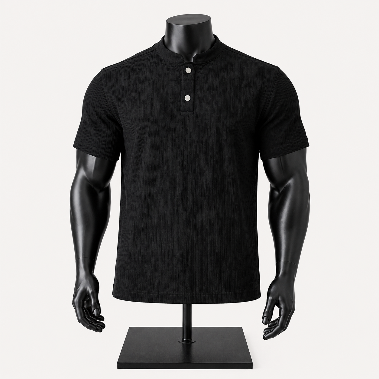 VAREN FORM Bark Texture Henley Polo Shirt in black front view